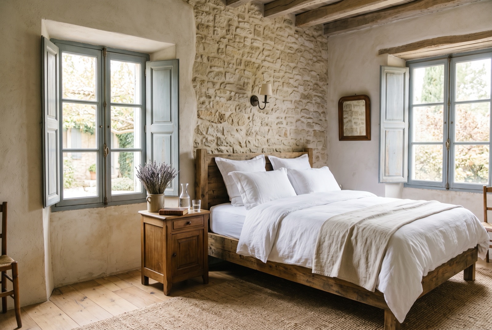 Une chambre d'hôtes sous les combles, lit fait et lumière du matin — telle qu'elle sort de l'appareil