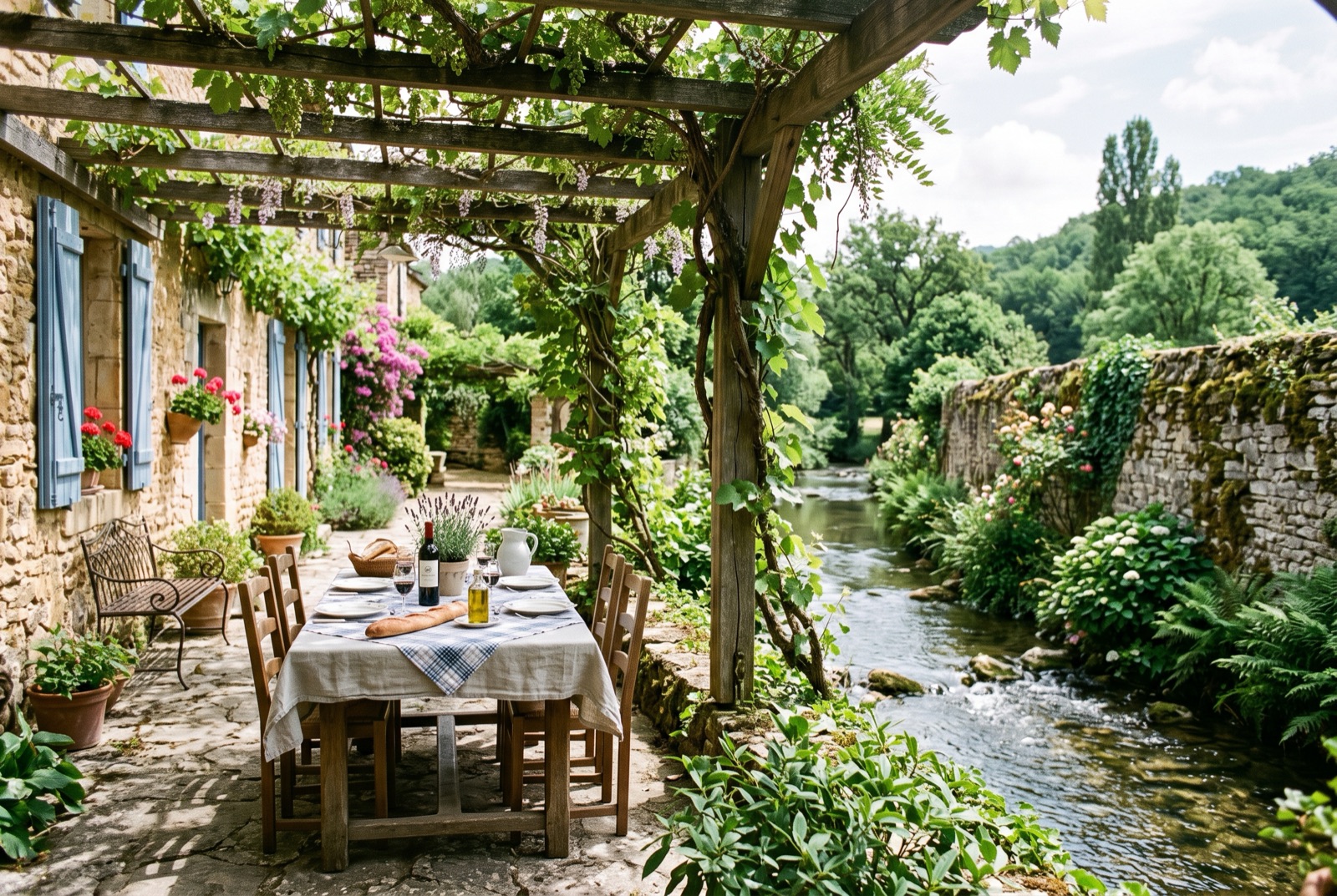 La terrasse ombragée d'un gîte en pierre, table dressée pour le petit-déjeuner