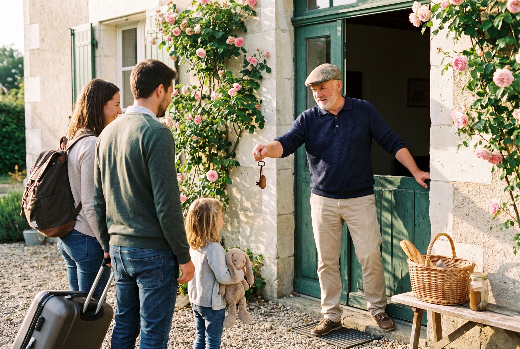 Un propriétaire tend la clé du gîte à une jeune famille, devant une porte fleurie