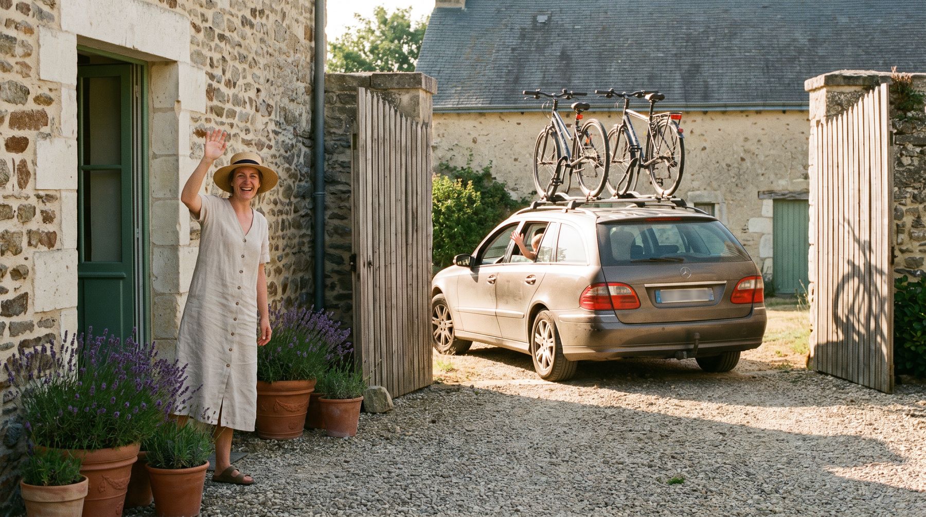 Une propriétaire en chapeau de paille salue la voiture des vacanciers qui entre dans la cour du gîte