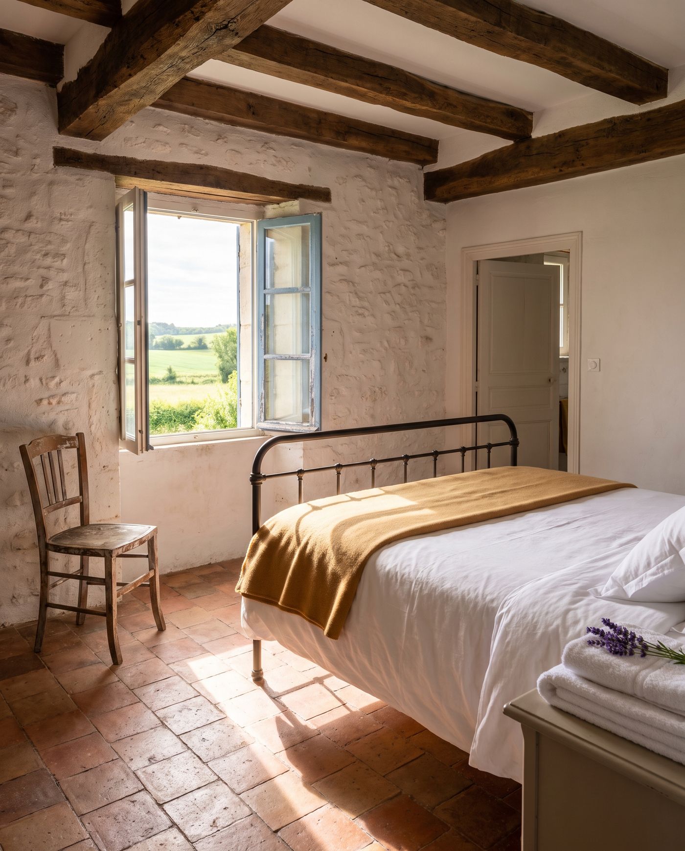 Une chambre d'hôtes lumineuse, poutres apparentes, linge blanc et brin de lavande