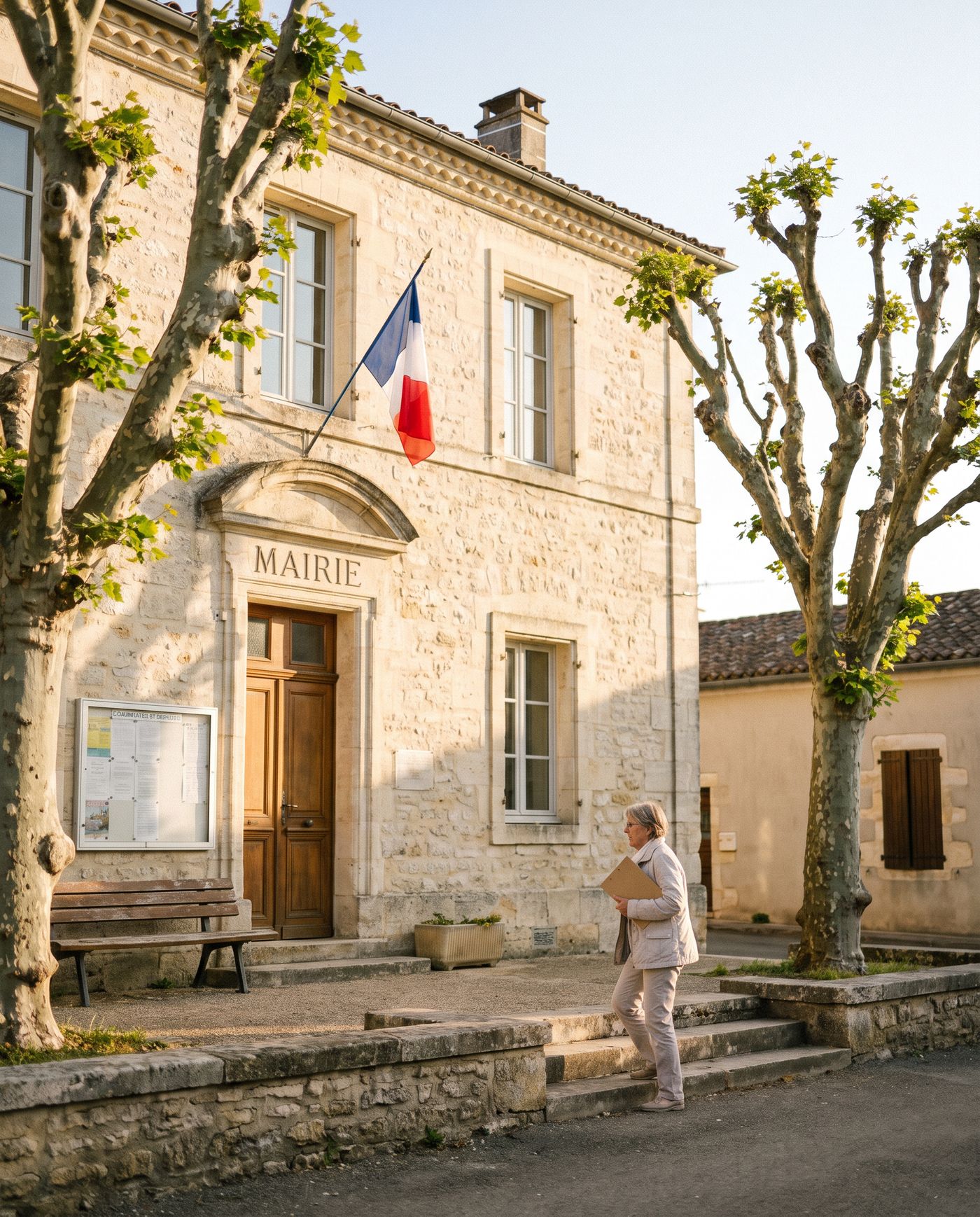 Une femme entre à la mairie du village, un dossier sous le bras