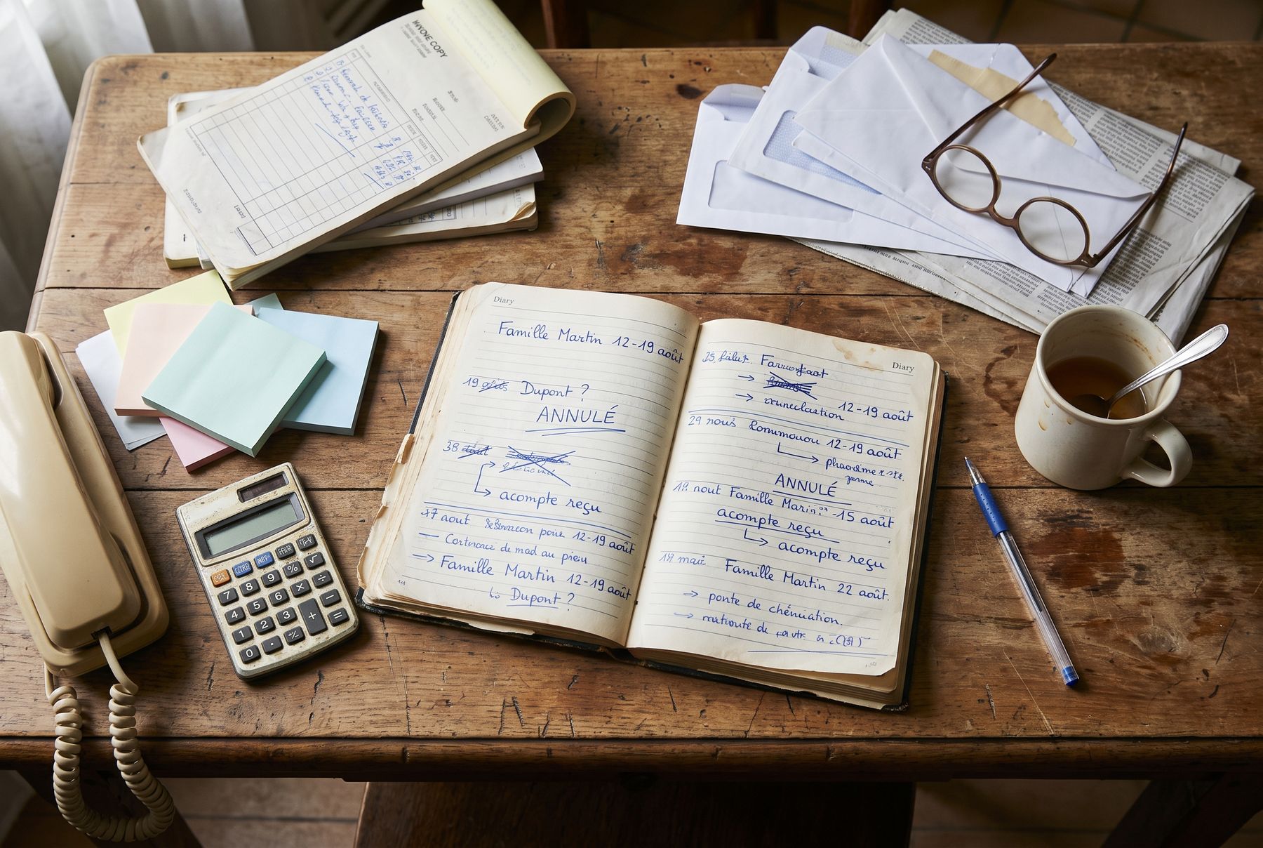 Une table couverte de papiers : un agenda plein de réservations raturées, des carnets de factures, une calculatrice et un téléphone fixe