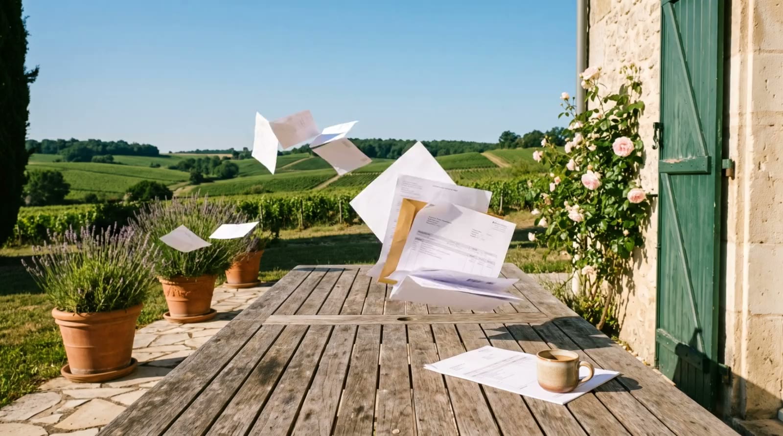 Des factures s'envolent d'une table de terrasse vers les vignes, par une belle journée