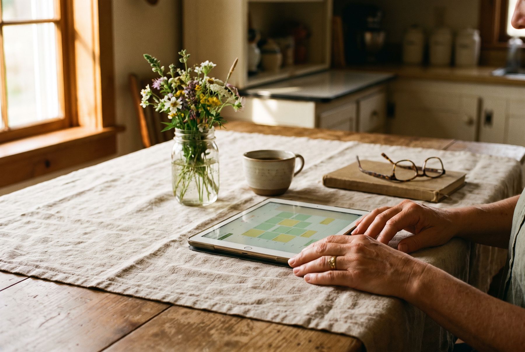 La même table, rangée : des mains posées sur une tablette qui affiche un calendrier simple, un bouquet de fleurs des champs